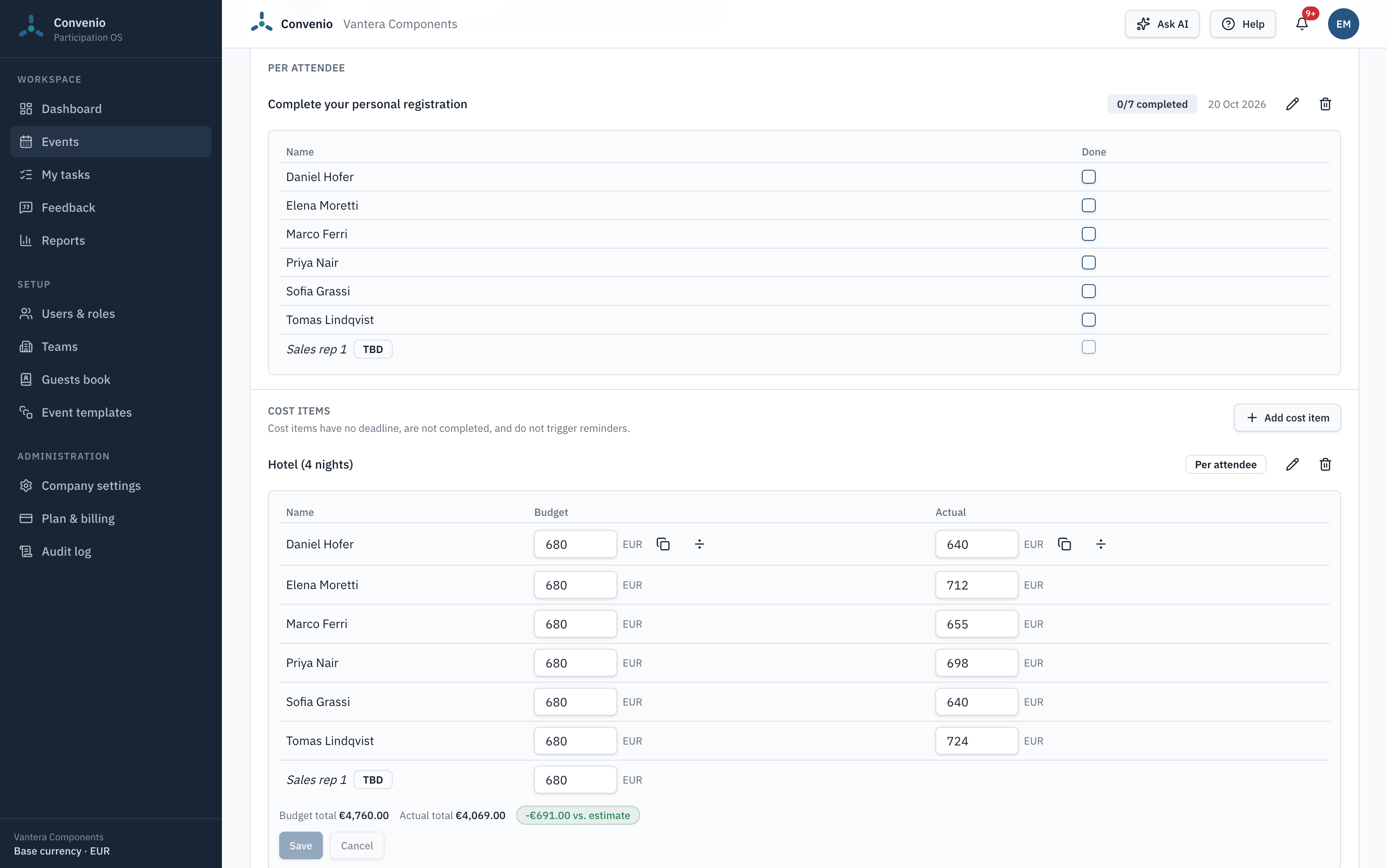 An event page in Convenio, with its tasks and costs